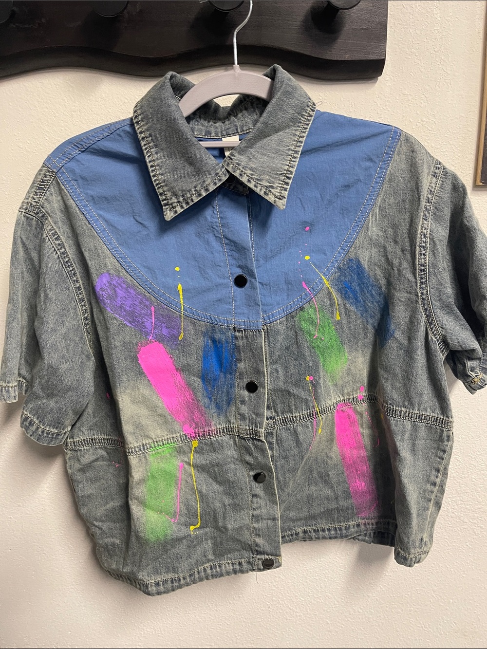 Paint-Splatter Boxy Denim Jacket with Blue Yoke